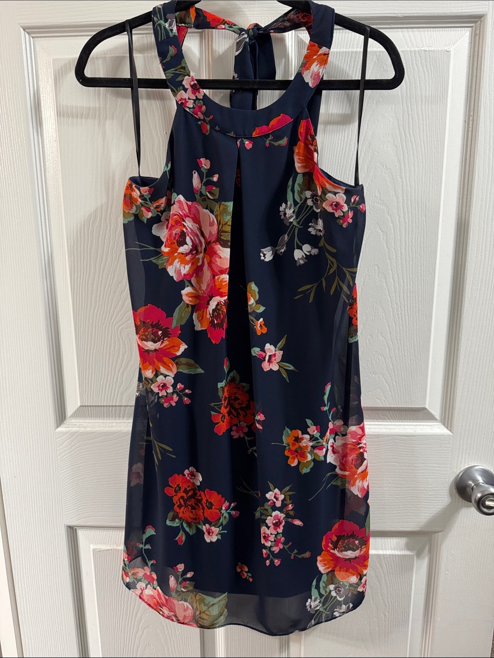 Navy Floral Halter Dress - Sleeveless Tie Neck